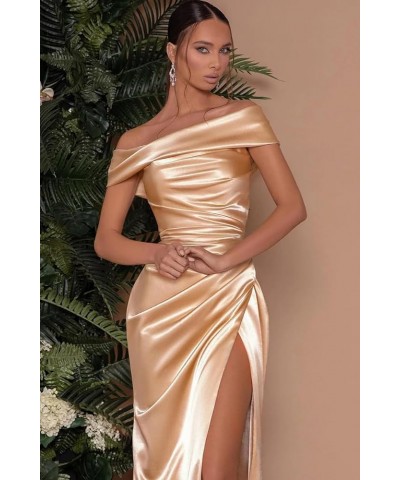 Mermaid Satin Bridesmaid Dresses Off The Shoulder Pleated Formal Evening Prom Gown Long with Slit MA40 Burnt Orange $35.74 Dr...