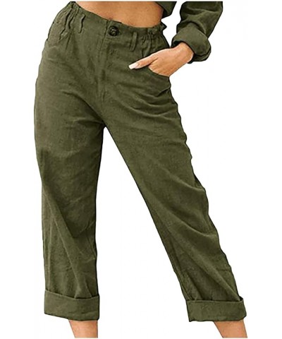 Womens Linen Carpris Button Waist Loose Straight Leg Lounge Pants Lightweight Cargo Pant Folded Stretchy Workout Pants G-army...