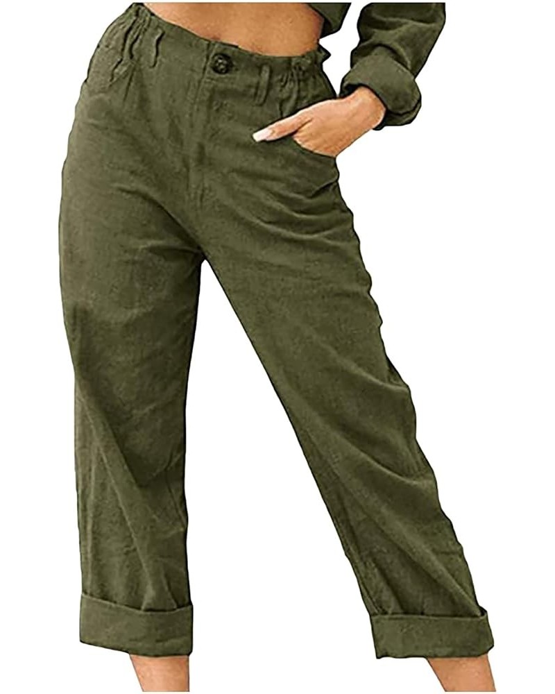 Womens Linen Carpris Button Waist Loose Straight Leg Lounge Pants Lightweight Cargo Pant Folded Stretchy Workout Pants G-army...