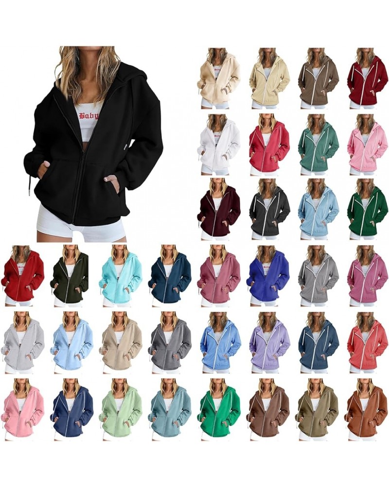 Womens Hoodies Oversized Zip Up Sweatshirts 2023 Cute Fall Fashion Clothes Casual Drawstring Y2k Jackets with Pockets 01-blac...