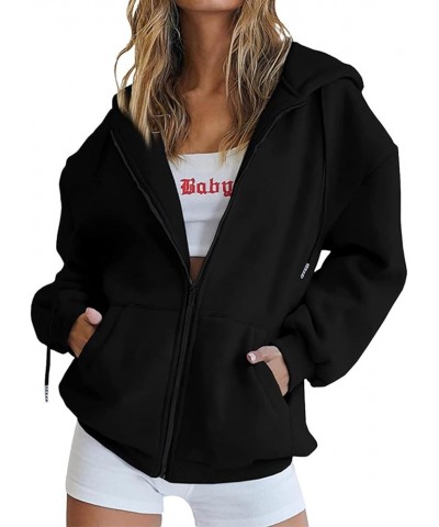 Womens Hoodies Oversized Zip Up Sweatshirts 2023 Cute Fall Fashion Clothes Casual Drawstring Y2k Jackets with Pockets 01-blac...