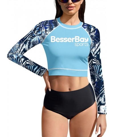 Women's UPF 50+ Long Sleeve Rashguard Swimming Crop Top Blue | Leaves $14.55 Swimsuits