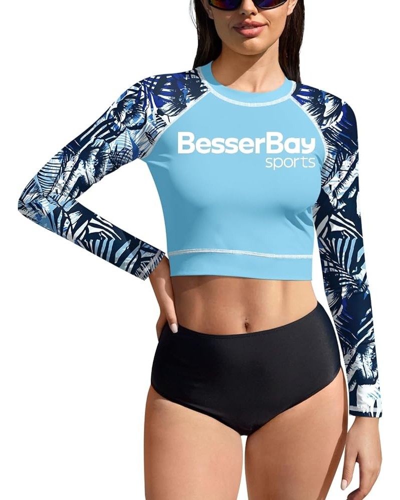 Women's UPF 50+ Long Sleeve Rashguard Swimming Crop Top Blue | Leaves $14.55 Swimsuits