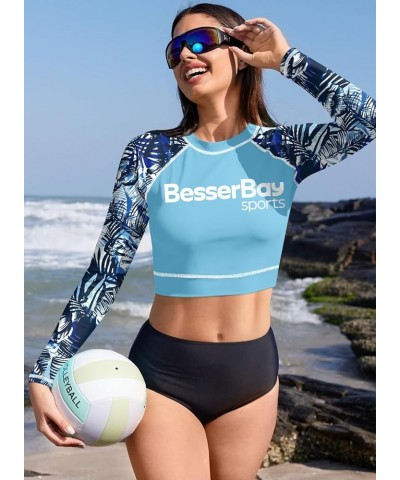 Women's UPF 50+ Long Sleeve Rashguard Swimming Crop Top Blue | Leaves $14.55 Swimsuits