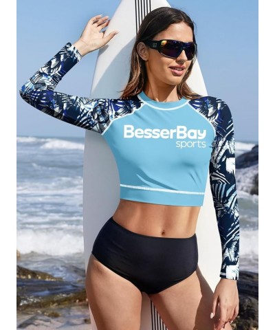 Women's UPF 50+ Long Sleeve Rashguard Swimming Crop Top Blue | Leaves $14.55 Swimsuits