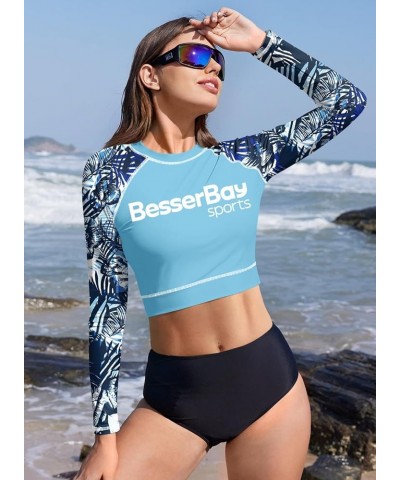 Women's UPF 50+ Long Sleeve Rashguard Swimming Crop Top Blue | Leaves $14.55 Swimsuits