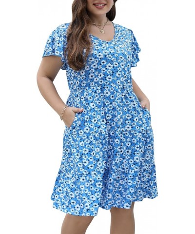 Womens Plus Size Ruffle Sleeve Tiered Casual Summer Loose Swing Midi Dress with Pockets Blue White Floral $18.73 Dresses