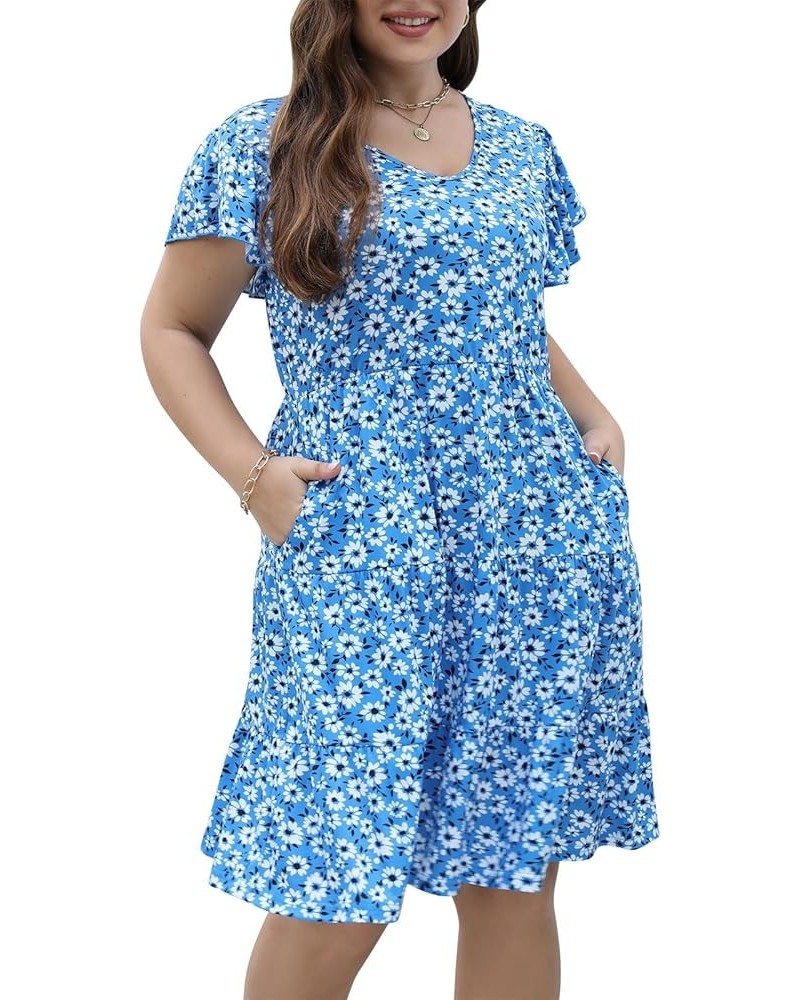 Womens Plus Size Ruffle Sleeve Tiered Casual Summer Loose Swing Midi Dress with Pockets Blue White Floral $18.73 Dresses