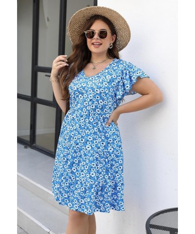 Womens Plus Size Ruffle Sleeve Tiered Casual Summer Loose Swing Midi Dress with Pockets Blue White Floral $18.73 Dresses