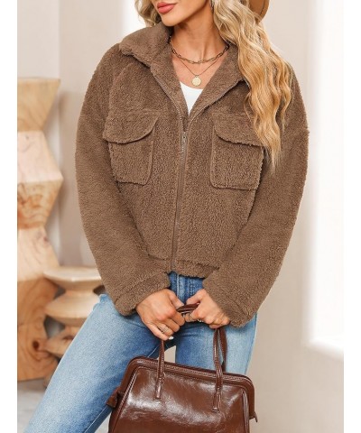 Women's Fleece Jacket Full Zip Sherpa Long Sleeve Casual Fall Winter Teddy Coat With Pockets S-XL Brown $11.50 Jackets