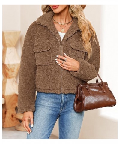 Women's Fleece Jacket Full Zip Sherpa Long Sleeve Casual Fall Winter Teddy Coat With Pockets S-XL Brown $11.50 Jackets