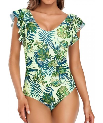 One Piece Swimsuit for Women Flowy Ruffled Arms Cover Deep V Neck Tummy Control Monokini Bathing Suit Greenleaves $14.28 Swim...