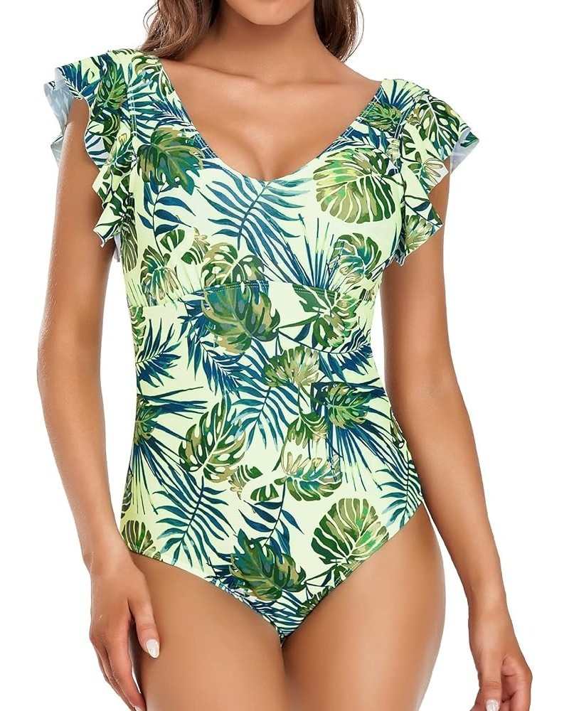 One Piece Swimsuit for Women Flowy Ruffled Arms Cover Deep V Neck Tummy Control Monokini Bathing Suit Greenleaves $14.28 Swim...