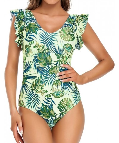 One Piece Swimsuit for Women Flowy Ruffled Arms Cover Deep V Neck Tummy Control Monokini Bathing Suit Greenleaves $14.28 Swim...