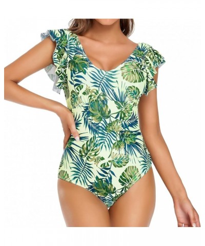 One Piece Swimsuit for Women Flowy Ruffled Arms Cover Deep V Neck Tummy Control Monokini Bathing Suit Greenleaves $14.28 Swim...