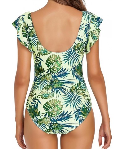 One Piece Swimsuit for Women Flowy Ruffled Arms Cover Deep V Neck Tummy Control Monokini Bathing Suit Greenleaves $14.28 Swim...