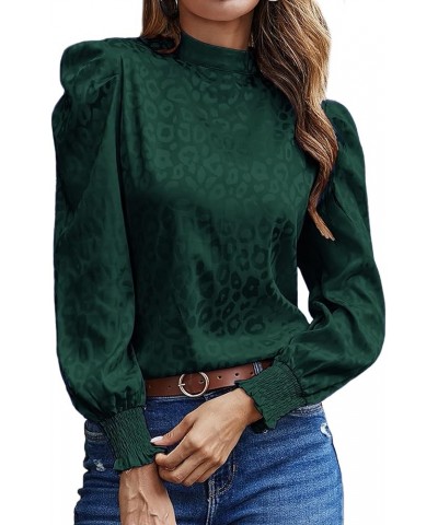 Women's Satin Mock Neck Puff Long Sleeve Keyhole Work Blouse Top Dark Green $16.66 Blouses