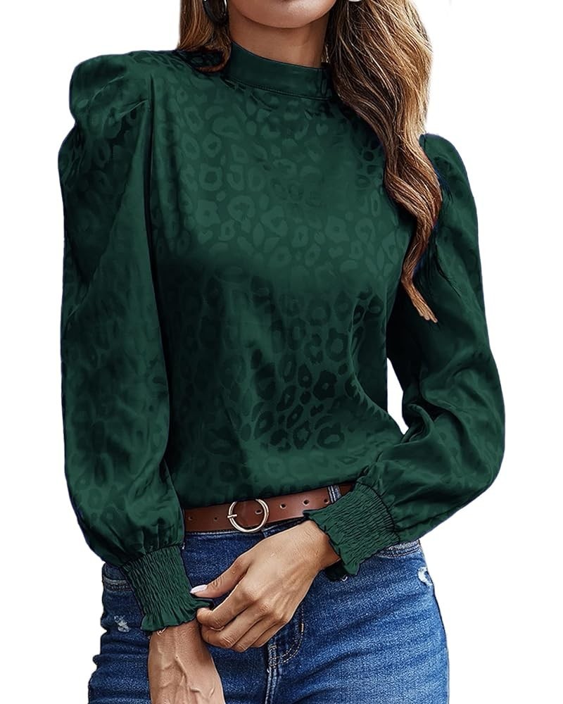 Women's Satin Mock Neck Puff Long Sleeve Keyhole Work Blouse Top Dark Green $16.66 Blouses