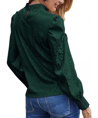 Women's Satin Mock Neck Puff Long Sleeve Keyhole Work Blouse Top Dark Green $16.66 Blouses