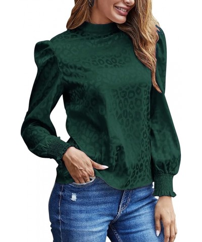 Women's Satin Mock Neck Puff Long Sleeve Keyhole Work Blouse Top Dark Green $16.66 Blouses