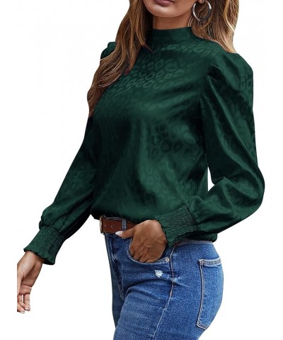 Women's Satin Mock Neck Puff Long Sleeve Keyhole Work Blouse Top Dark Green $16.66 Blouses