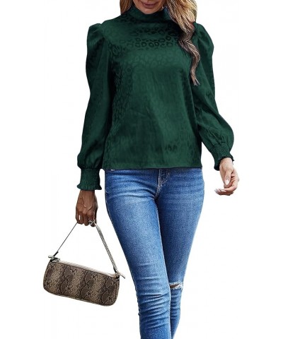 Women's Satin Mock Neck Puff Long Sleeve Keyhole Work Blouse Top Dark Green $16.66 Blouses