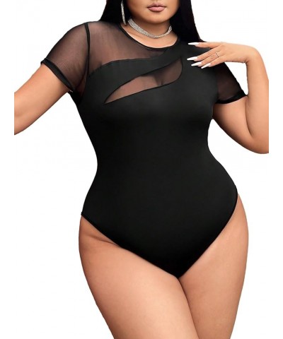 Women's Plus Size Mesh Bodysuit Short Sleeve Mock Neck Slim Fit Tee Bodysuit Black Crew Neck $15.65 Bodysuits