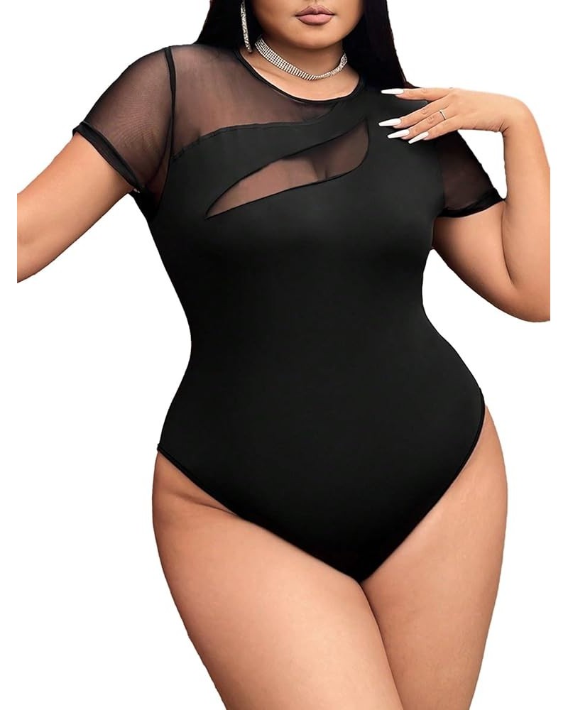 Women's Plus Size Mesh Bodysuit Short Sleeve Mock Neck Slim Fit Tee Bodysuit Black Crew Neck $15.65 Bodysuits