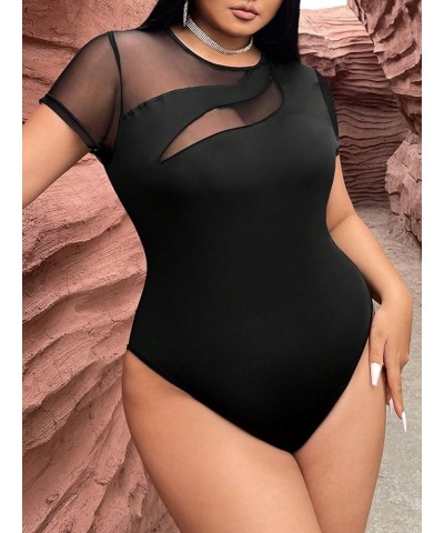 Women's Plus Size Mesh Bodysuit Short Sleeve Mock Neck Slim Fit Tee Bodysuit Black Crew Neck $15.65 Bodysuits