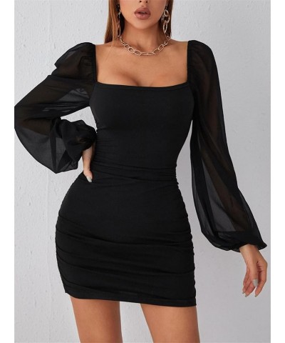 Women's Mesh Ruched Bodycon Mini Dress Square Neck Bishop Long Sleeve Pencil Short Dresses Solid Black $19.07 Dresses