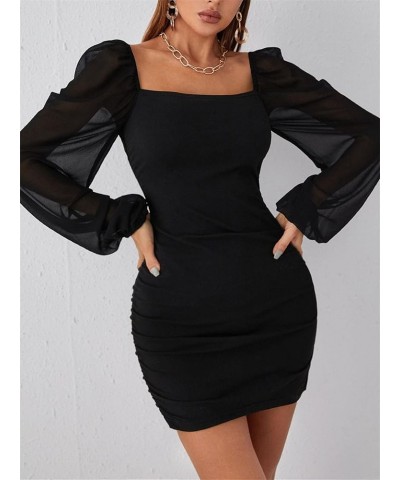 Women's Mesh Ruched Bodycon Mini Dress Square Neck Bishop Long Sleeve Pencil Short Dresses Solid Black $19.07 Dresses