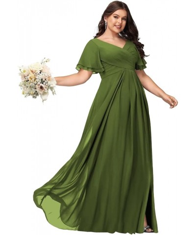 Womens V-Neck Split Bridesmaid Dress Long with Pockets Pleated Chiffon Formal Dress with Short Sleeve BF17 Olive Green $35.35...