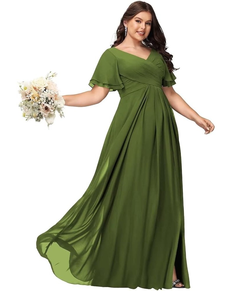 Womens V-Neck Split Bridesmaid Dress Long with Pockets Pleated Chiffon Formal Dress with Short Sleeve BF17 Olive Green $35.35...