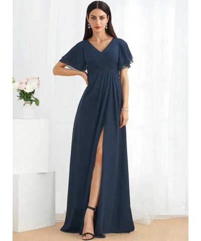 Womens V-Neck Split Bridesmaid Dress Long with Pockets Pleated Chiffon Formal Dress with Short Sleeve BF17 Olive Green $35.35...