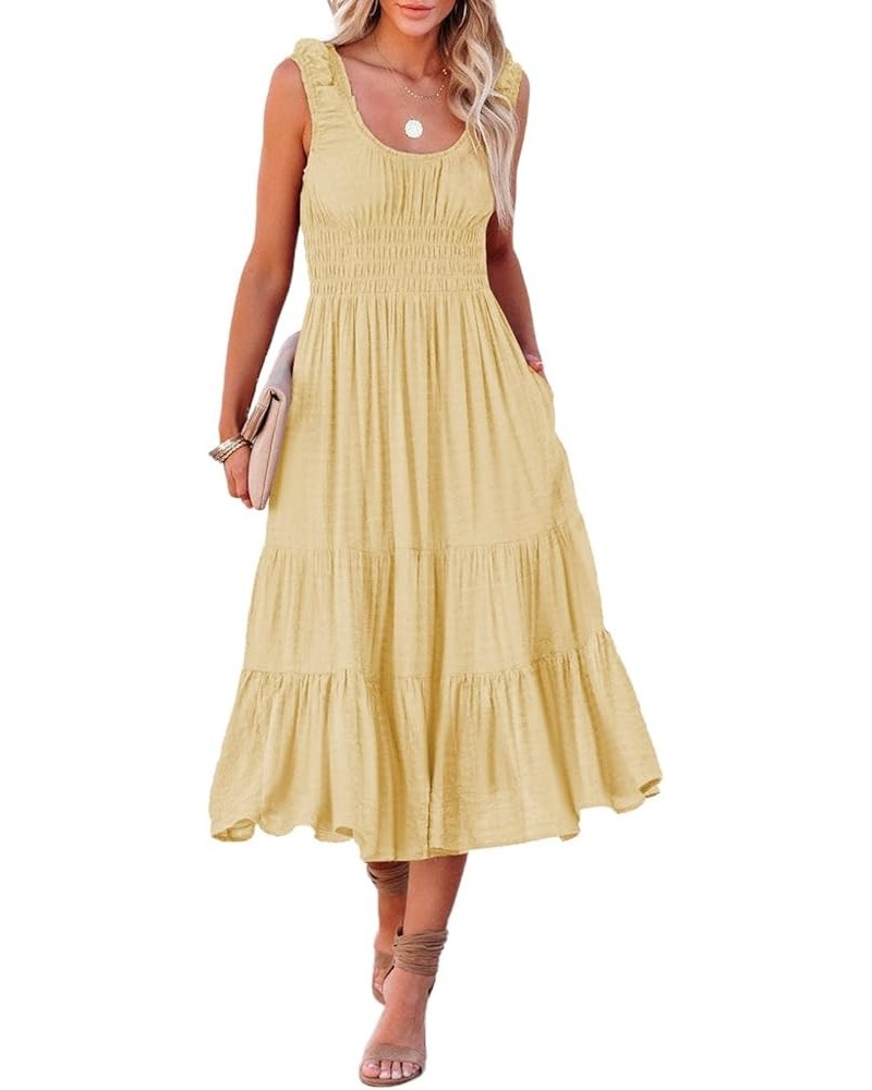 Women Summer Dresses Sleeveless Smocked Midi Dress High Waist Casual Tiered A Line Sundress with Pockets Yellow $22.05 Dresses