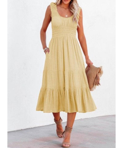 Women Summer Dresses Sleeveless Smocked Midi Dress High Waist Casual Tiered A Line Sundress with Pockets Yellow $22.05 Dresses