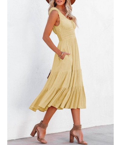 Women Summer Dresses Sleeveless Smocked Midi Dress High Waist Casual Tiered A Line Sundress with Pockets Yellow $22.05 Dresses