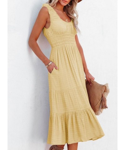 Women Summer Dresses Sleeveless Smocked Midi Dress High Waist Casual Tiered A Line Sundress with Pockets Yellow $22.05 Dresses