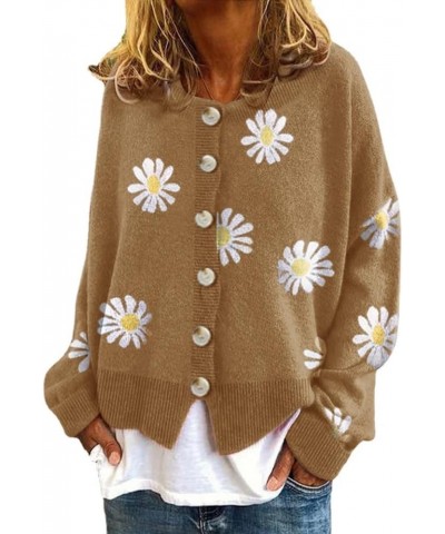 Women's Floral Print Cardigan Sweaters Long Sleeve V Neck Button Daisy Knit Cardigan Loose Cottagecore Sweater Top Daisy-khak...