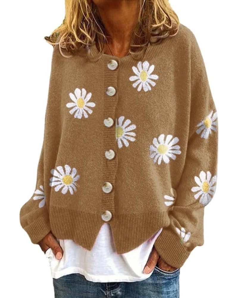 Women's Floral Print Cardigan Sweaters Long Sleeve V Neck Button Daisy Knit Cardigan Loose Cottagecore Sweater Top Daisy-khak...