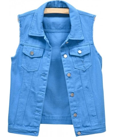 Women's Ripped Lapel Collar Button Up Sleeveless Frayed Denim Vest Jacket Blue $16.00 Vests