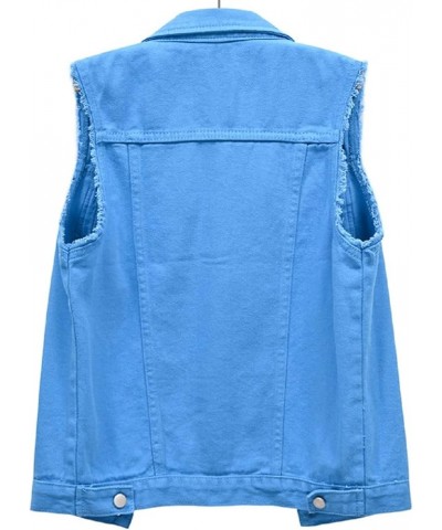 Women's Ripped Lapel Collar Button Up Sleeveless Frayed Denim Vest Jacket Blue $16.00 Vests