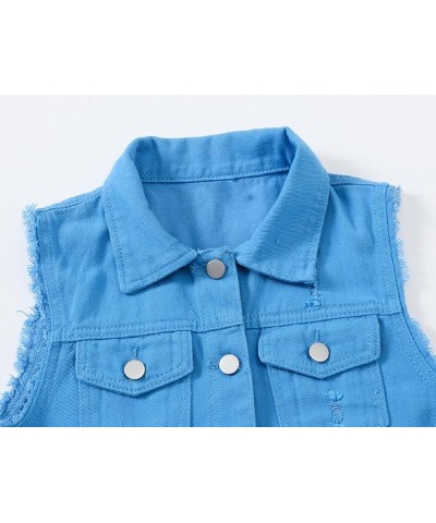 Women's Ripped Lapel Collar Button Up Sleeveless Frayed Denim Vest Jacket Blue $16.00 Vests