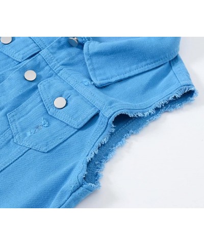 Women's Ripped Lapel Collar Button Up Sleeveless Frayed Denim Vest Jacket Blue $16.00 Vests