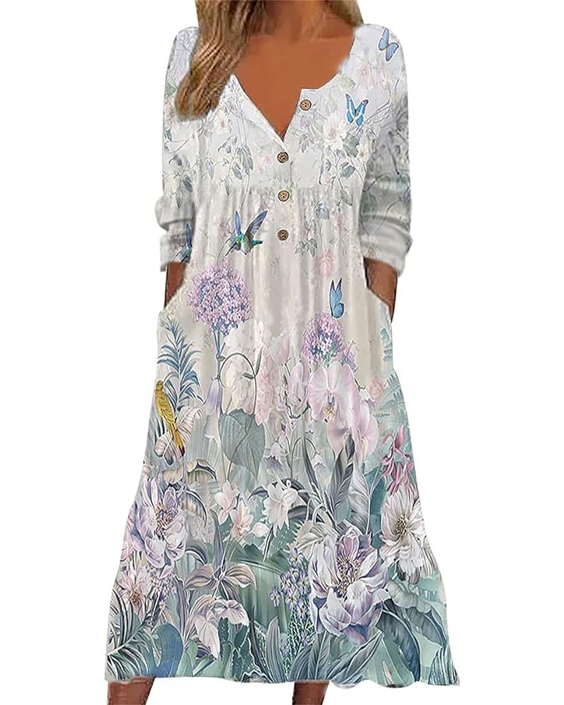 Summer Dresses for Women 2024 Vacation Button V Neck 3/4 Sleeves Floral Print Smocked Ruffle Flowy Casual Dress White 1 $12.7...