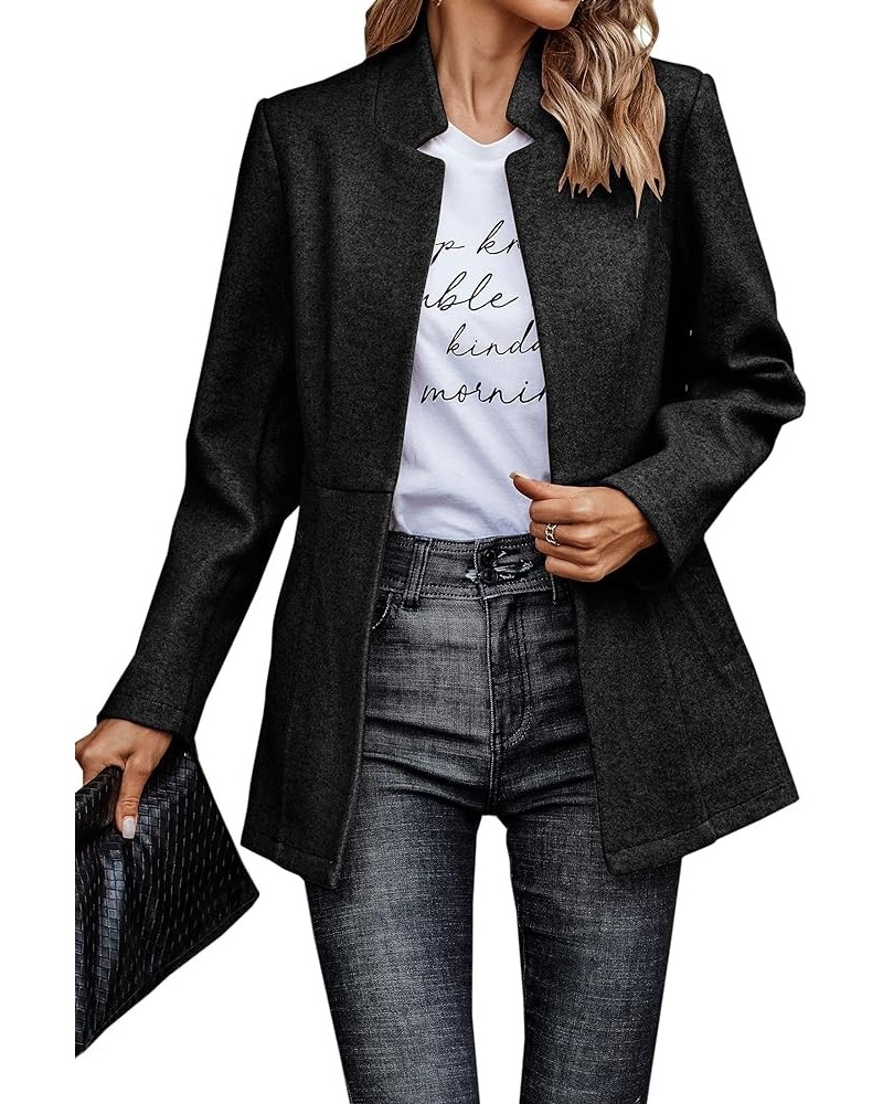 Women's Coat Casual Open Front Blazer Long Sleeve Stand Collar Solid Trench Business Work Office Jacket Outwear 147 Pure Blac...