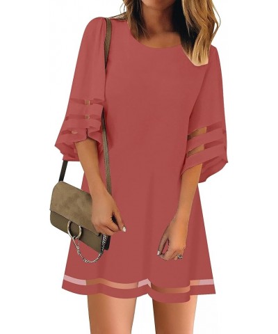 Women Casual Crewneck Mesh Panel 3/4 Bell Sleeve Loose Tunic Dress Cranberry $18.89 Dresses