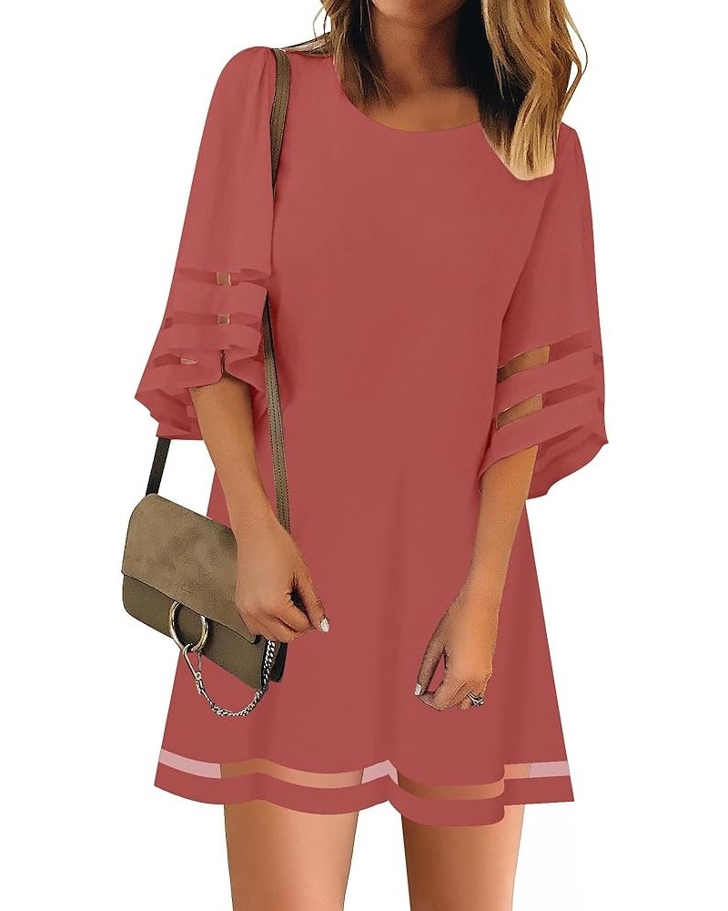 Women Casual Crewneck Mesh Panel 3/4 Bell Sleeve Loose Tunic Dress Cranberry $18.89 Dresses