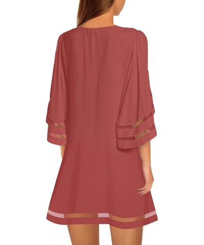 Women Casual Crewneck Mesh Panel 3/4 Bell Sleeve Loose Tunic Dress Cranberry $18.89 Dresses