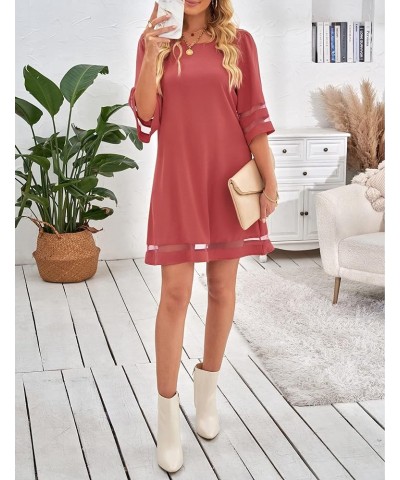 Women Casual Crewneck Mesh Panel 3/4 Bell Sleeve Loose Tunic Dress Cranberry $18.89 Dresses